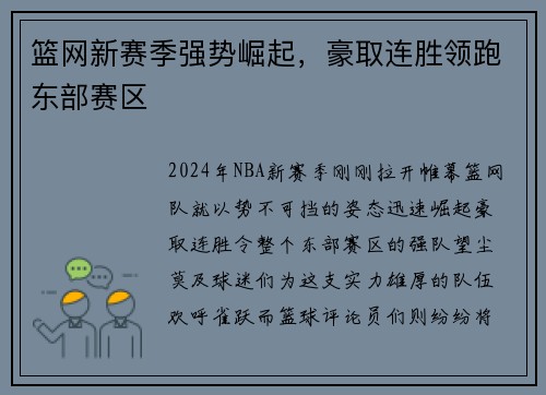 篮网新赛季强势崛起，豪取连胜领跑东部赛区